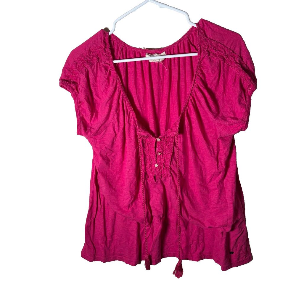 Denim & Supply Shirt Women's Large Pink Lace Short Sleeve Tie V-Neck Casual Top
